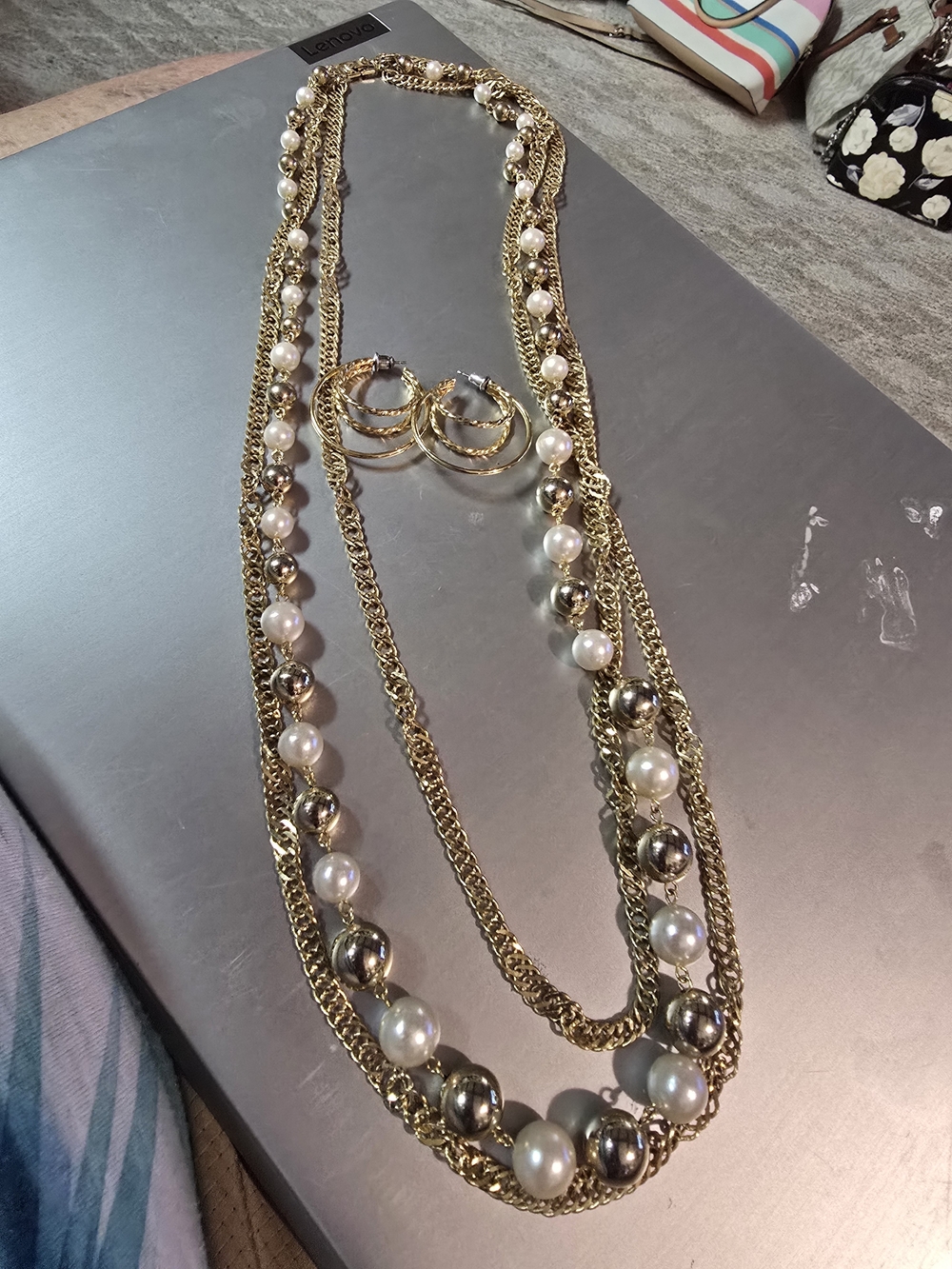 Gold and Pearl Layered Necklace with Matching Hoop Earrings - Women Jewelry